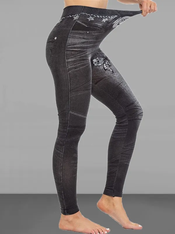 Women's Slim Pants Trousers Leggings Full Length Faux Denim Pocket High Cut High Elasticity High Waist Fashion Streetwear Street Causal Black Blue S M Summer Fall