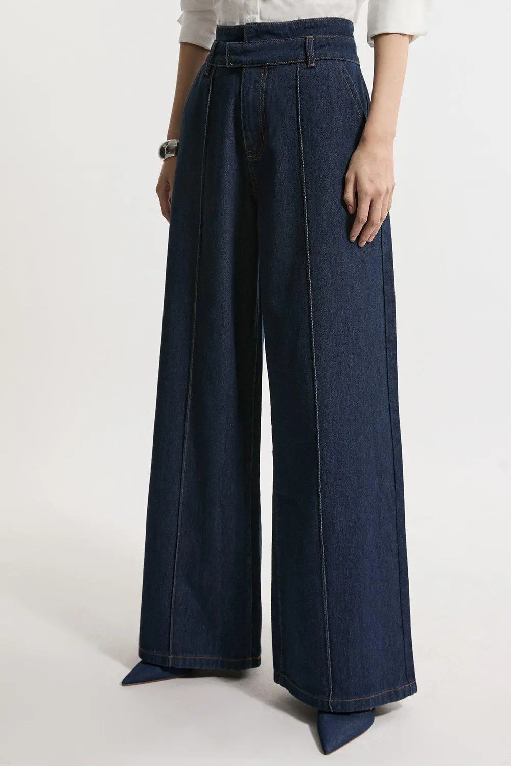 Denim Waistband Detail Wide Leg Trousers
