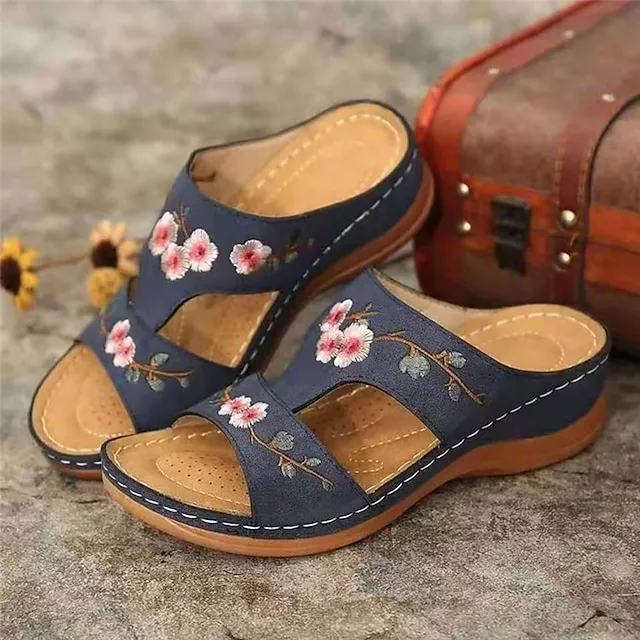 Women's Sandals Comfort Shoes Outdoor Slippers Outdoor Daily Summer Embroidery Wedge Heel Open Toe Casual Chinoiserie Walking Shoes Faux Leather Loafer Floral Black Red Brown