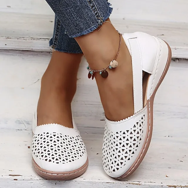 Women's Sandals Wedge Sandals Comfort Shoes Plus Size Outdoor Work Daily Summer Hollow Out Flat Heel Round Toe Classic Casual Minimalism Walking Shoes Faux Leather Loafer Solid Color Solid Colored