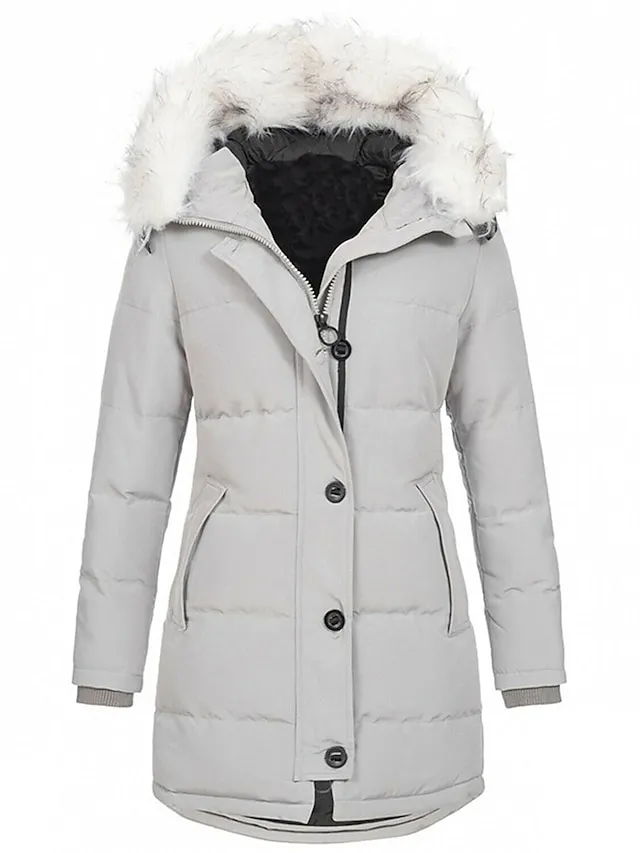Women's Parka Puffer Jacket Winter Coat Zip up Hooded Coat with Fur Collar Thermal Warm Heated Coat Fall Outerwear with Pockets Classic Long Sleeve Black White