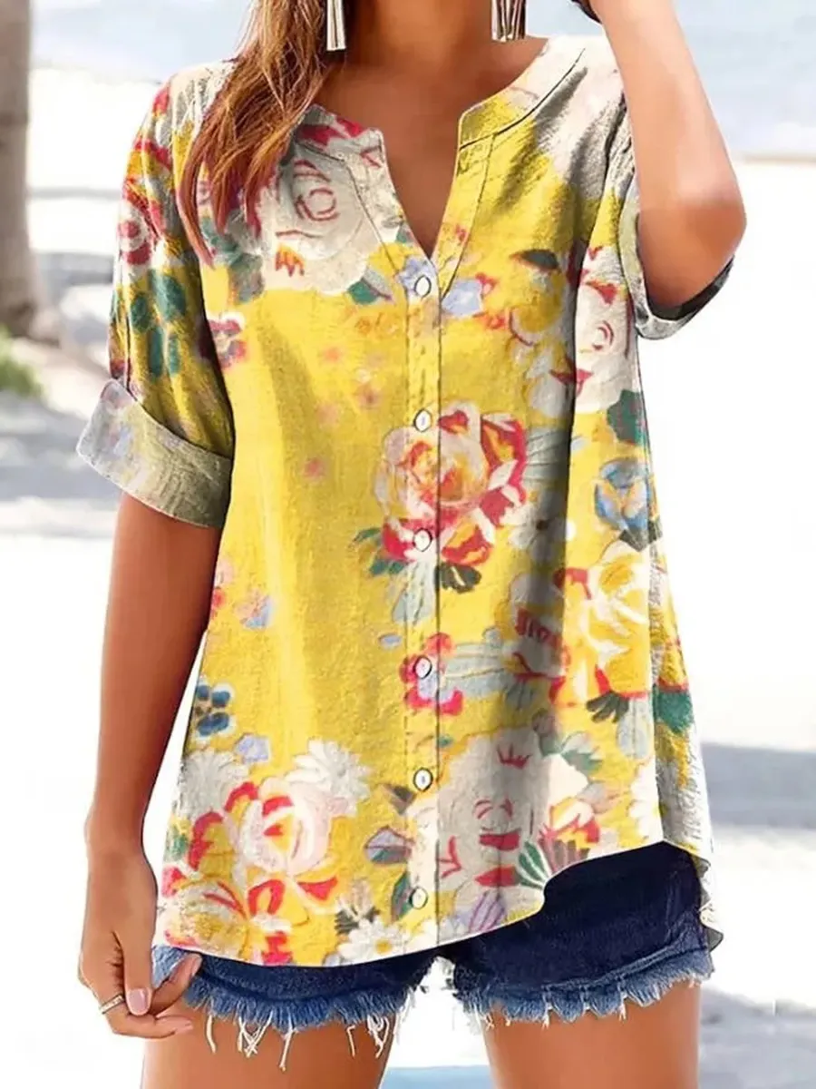Women's Retro Casual Floral Cotton and Linen Top