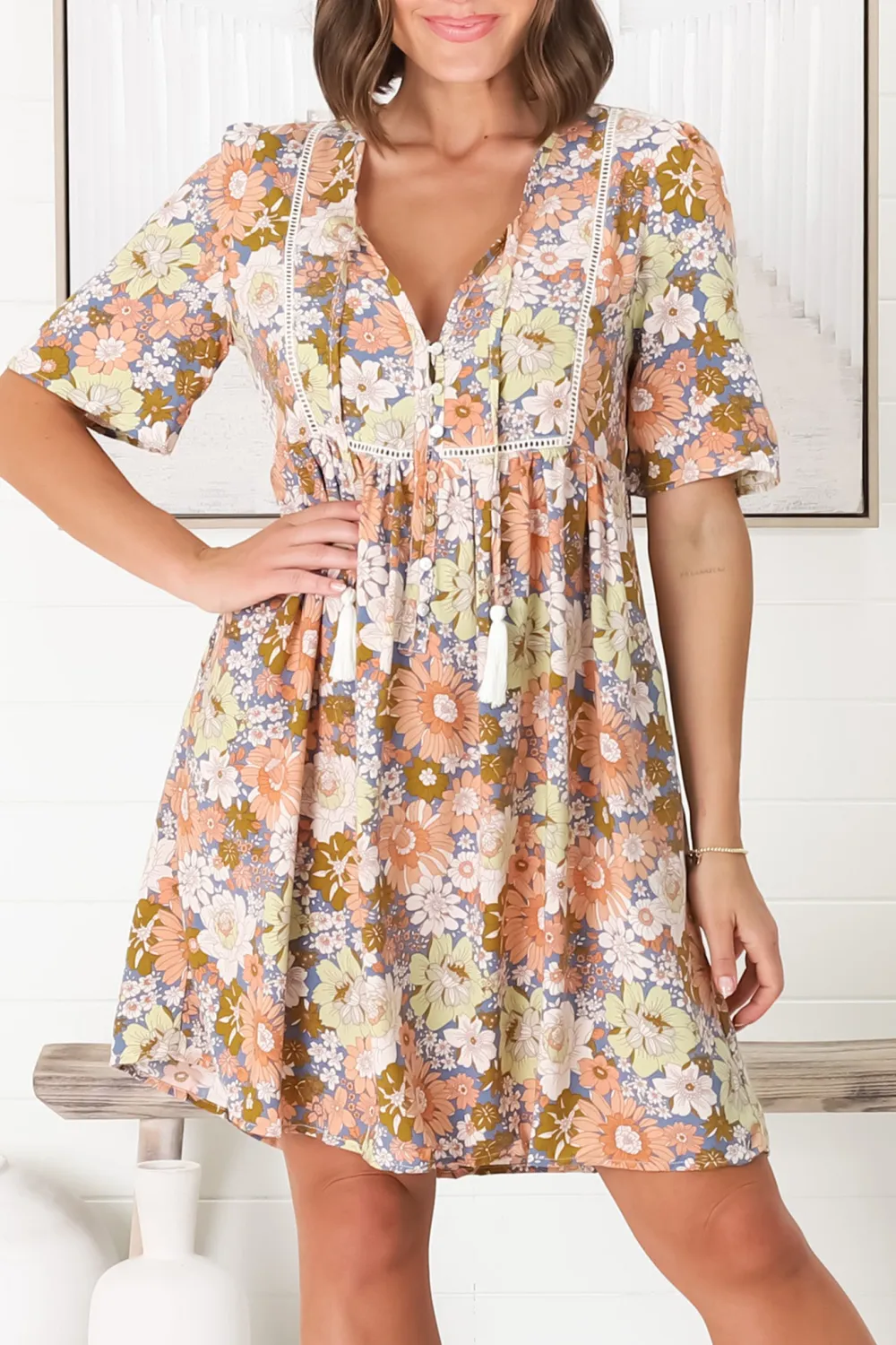 Colorful Floral Print V Neck Short Sleeve Dress