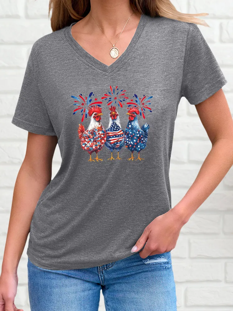 Woman'S Independence Day Fireworks Rooster T-Shirt With V-Neck And Short Sleeves