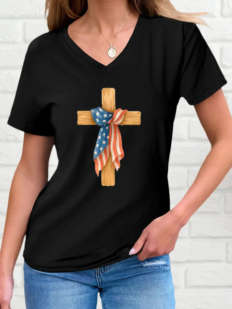 Woman'S Independence Day And Faith Print Short-Sleeved T-Shirt