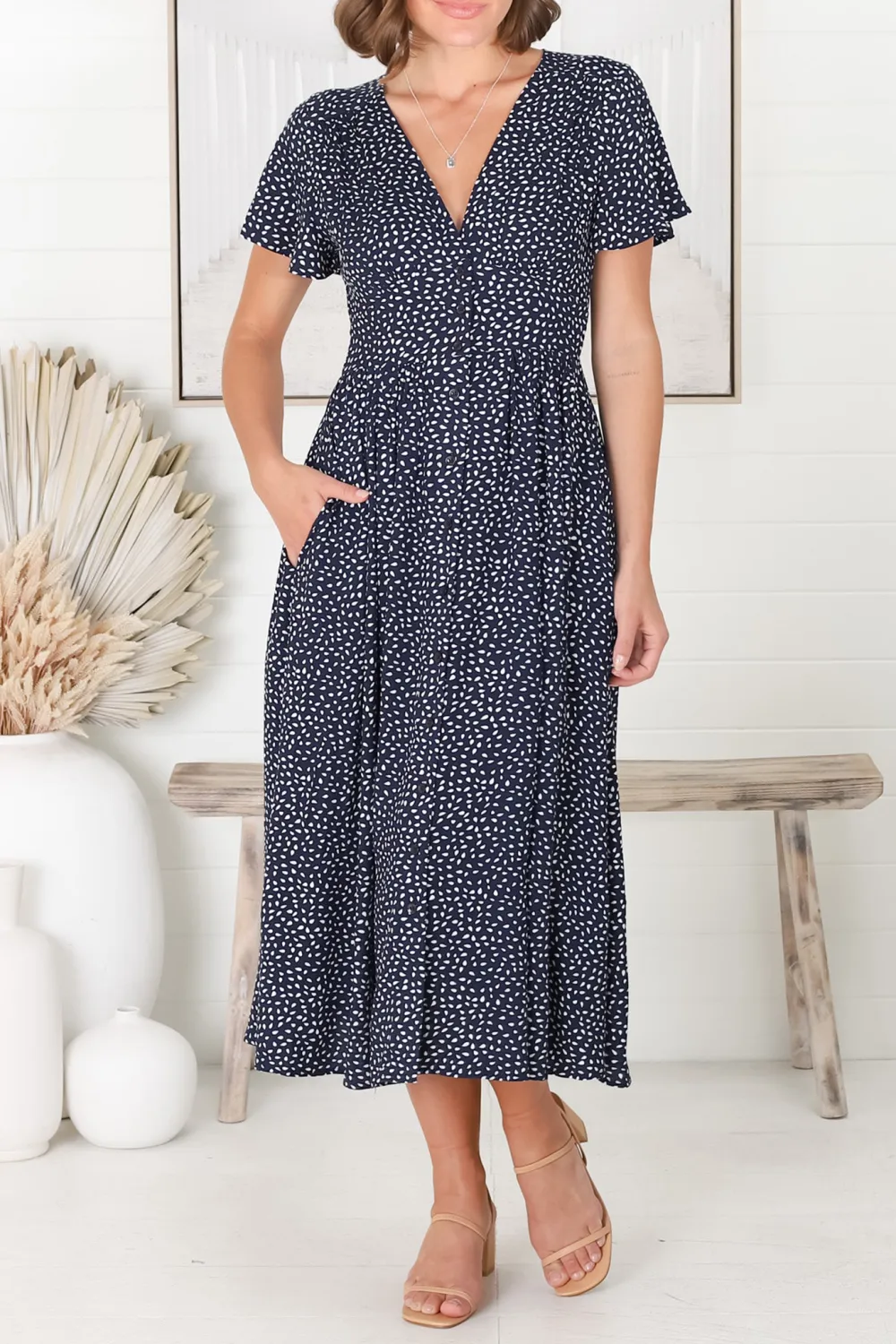 Navy Blue Dot Print Short Sleeve Midi Dress