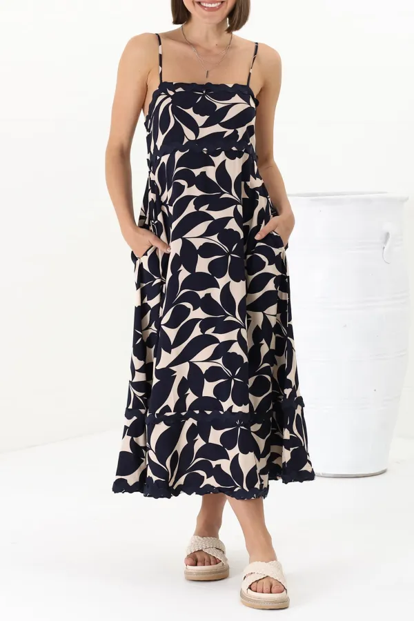 Navy Blue Leaf Print Asymmetric Midi Dress