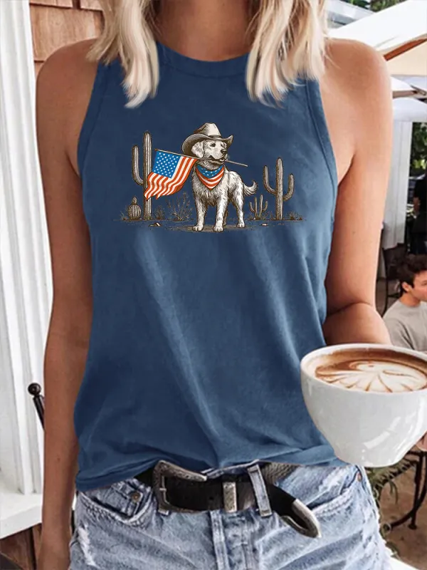 Women'S Independence Day Puppy National Flag Round-Neck Sleeveless Vest