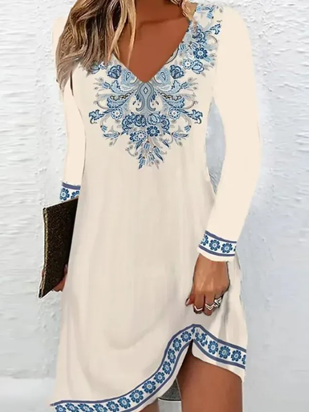 Women Floral V Neck Long Sleeve Comfy Casual Short Dress