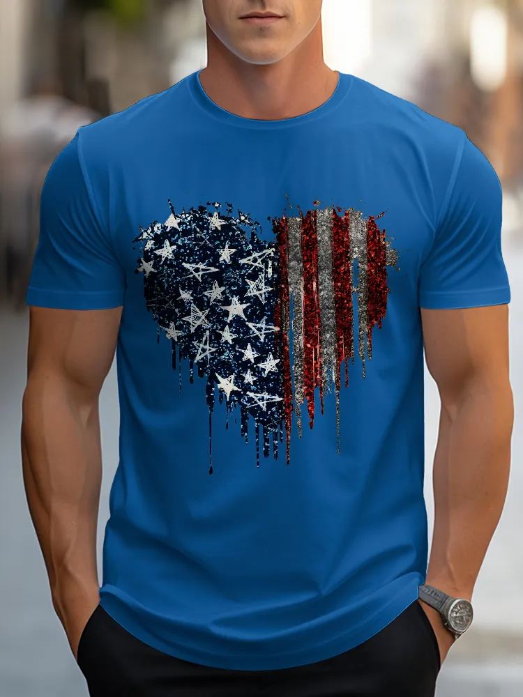 Man'S Star Stripe Heart Round-Neck Short-Sleeved T-Shirt