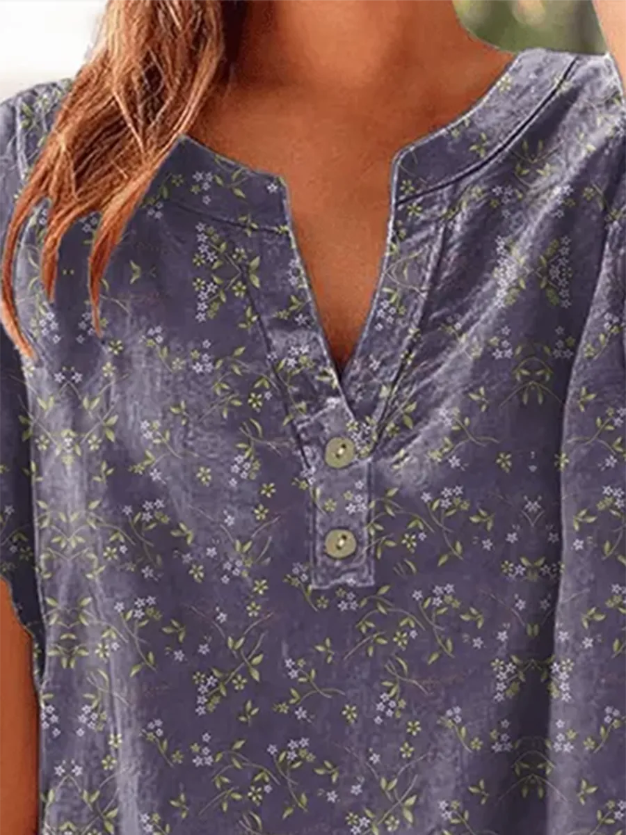 Women's Vintage Botanical Floral Button Design V-Neck Short Sleeve Shirt