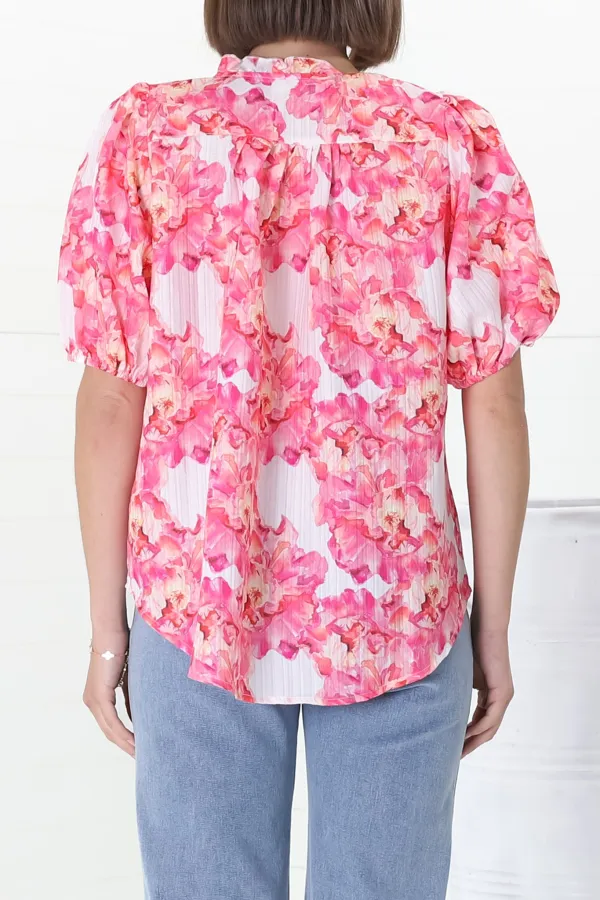Pink Floral Print V Neck Puff Sleeve Top