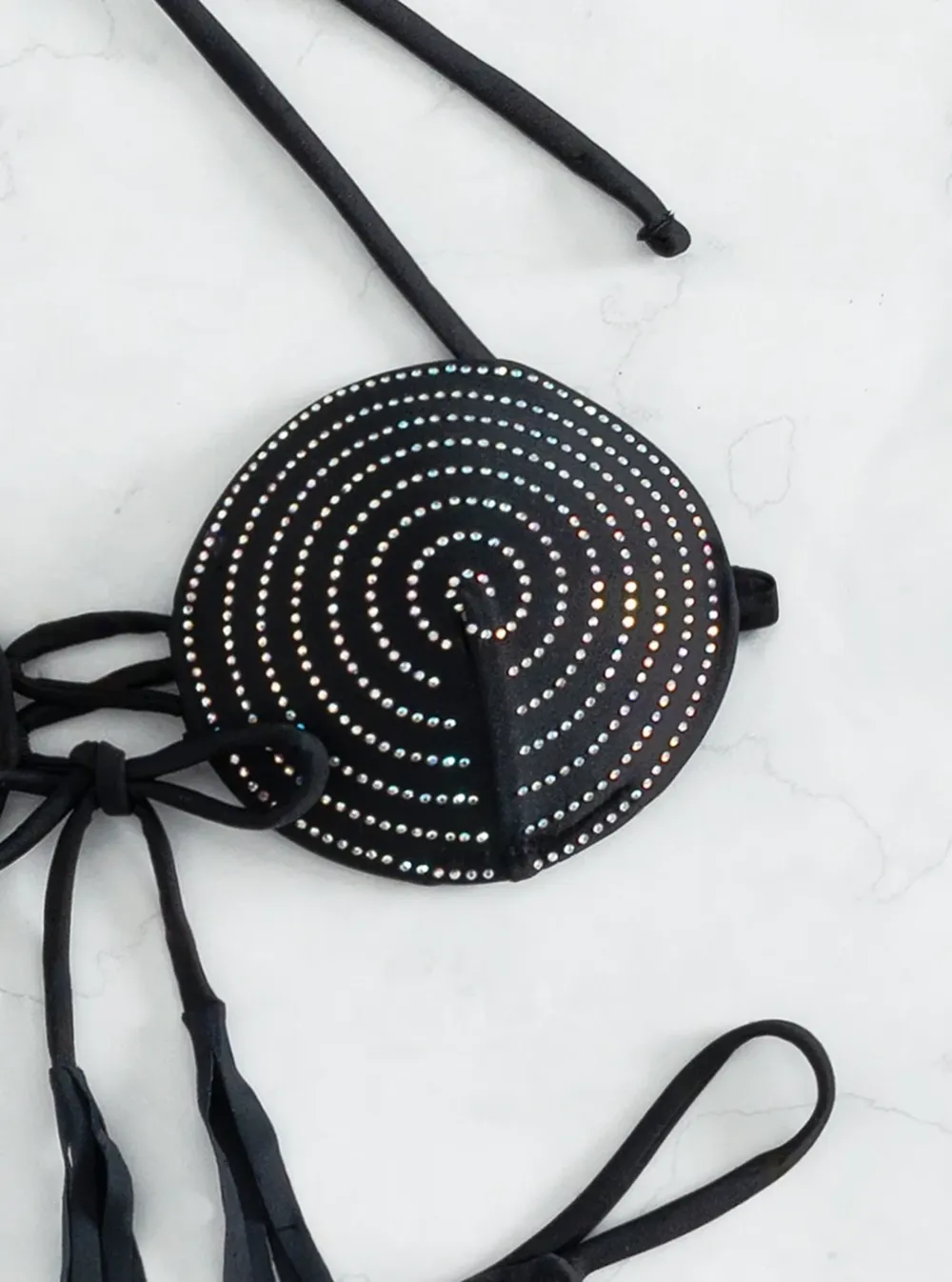 Rhinestone Open Back Black Thong Bikini