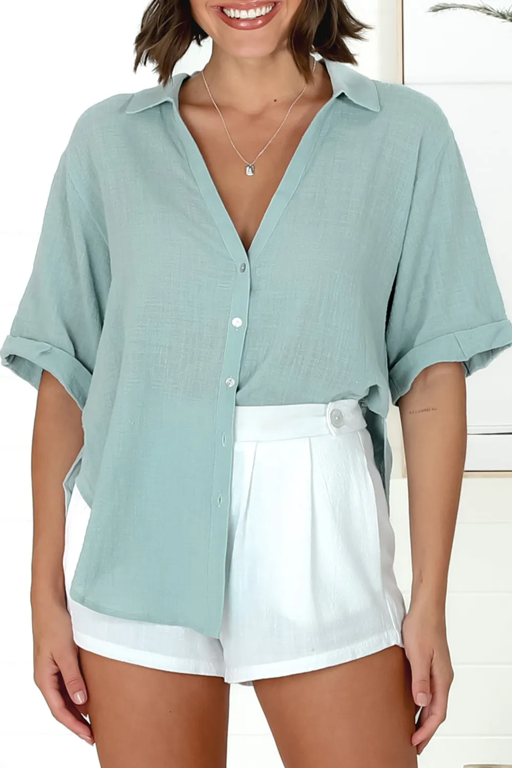 Light Blue Linen Short Sleeve Shirt
