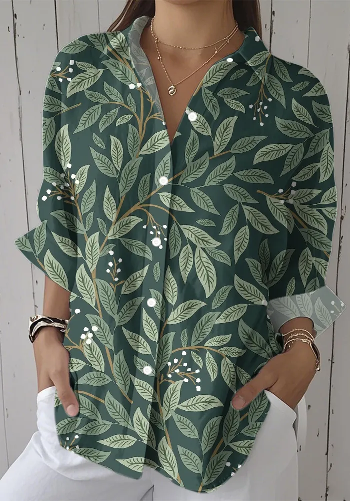 Women's Casual Green Plant Printed Long Sleeve Cotton and Linen Shirt