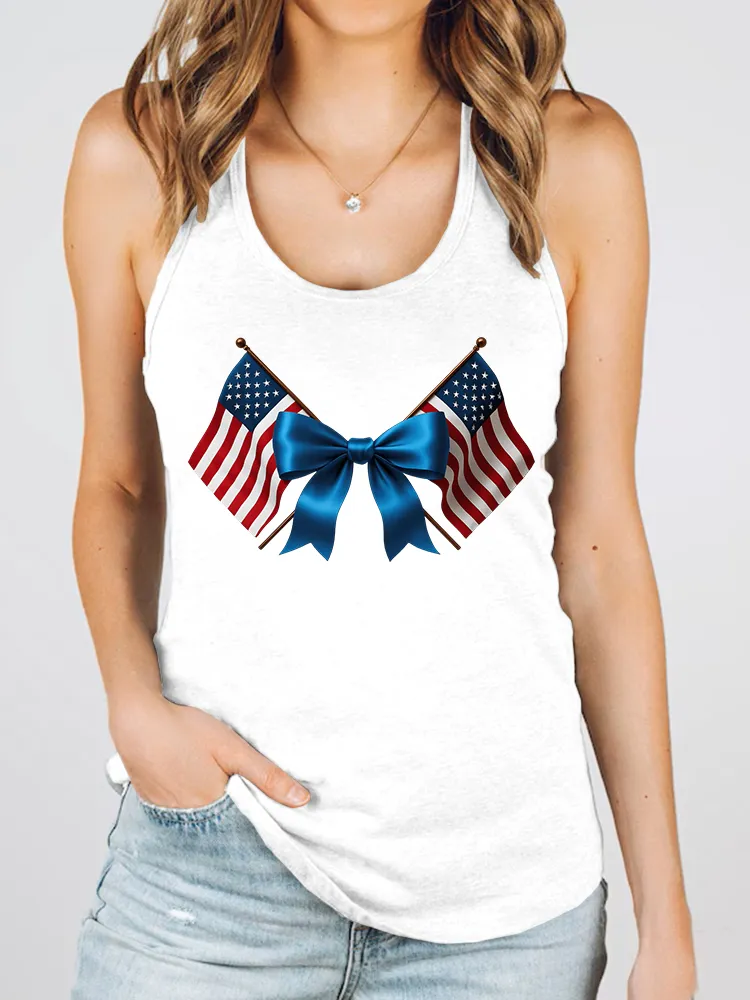 Women'S Stars And Stripes Bow Print Round-Necked Sleeveless Vest