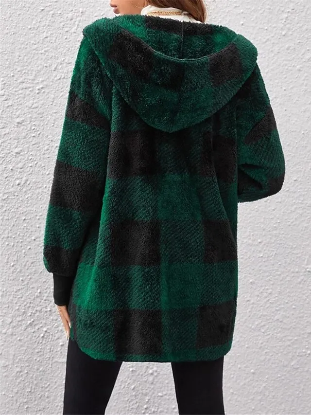 Women's Fleece Jacket Teddy Coat Hoodie Jacket Warm Breathable Street Daily Wear Vacation Going out Pocket Fleece Lined Open Front Hoodie Casual Street Style Stripes and Plaid Regular Fit Outerwear