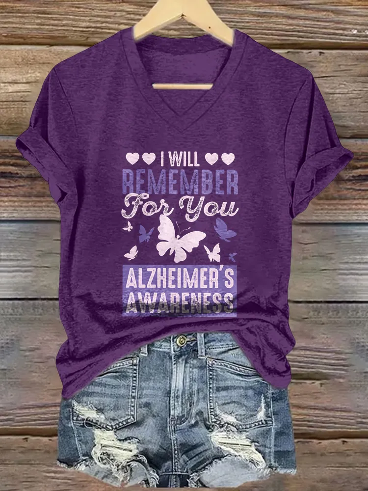 Women'S I Will Remember For You Alzheimer'S Awareness V-Neck Short-Sleeved T-Shirt