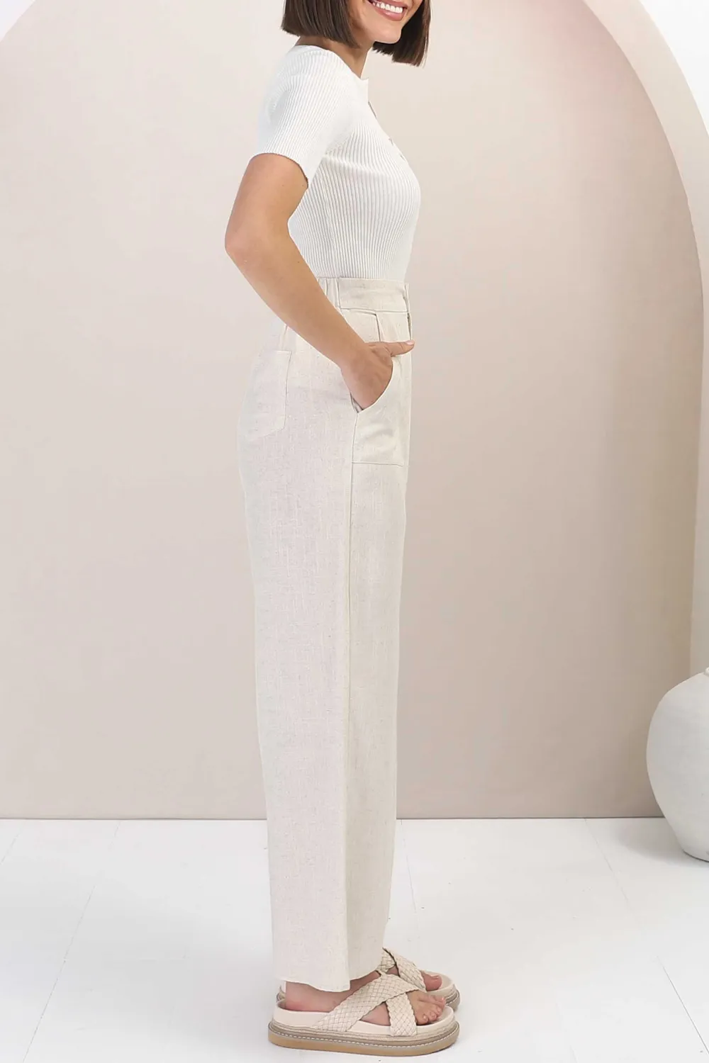 Beige High Waist Wide Leg Linen Pants