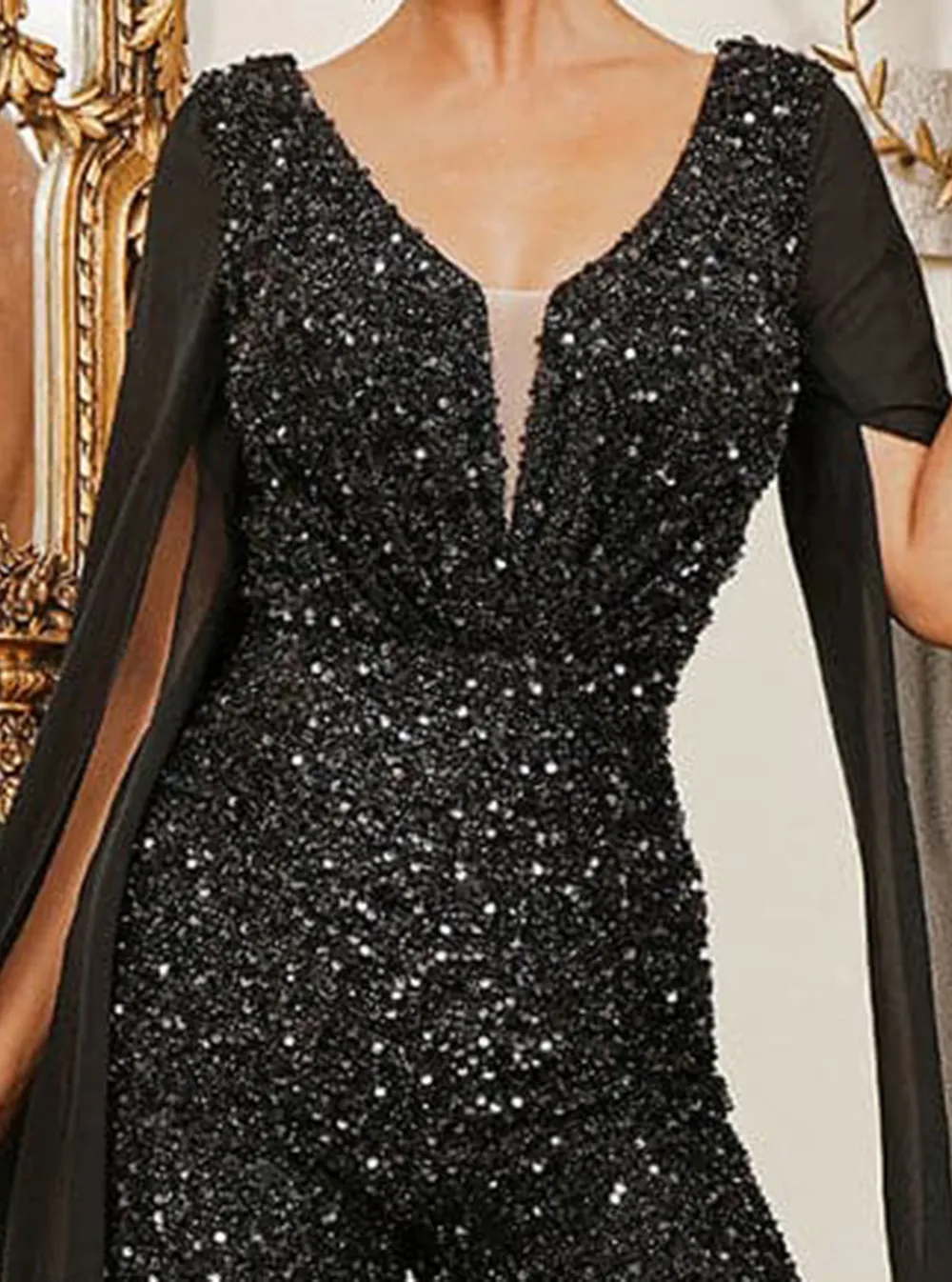 V-Neck Glitter Mesh Sleeve Jumpsuits