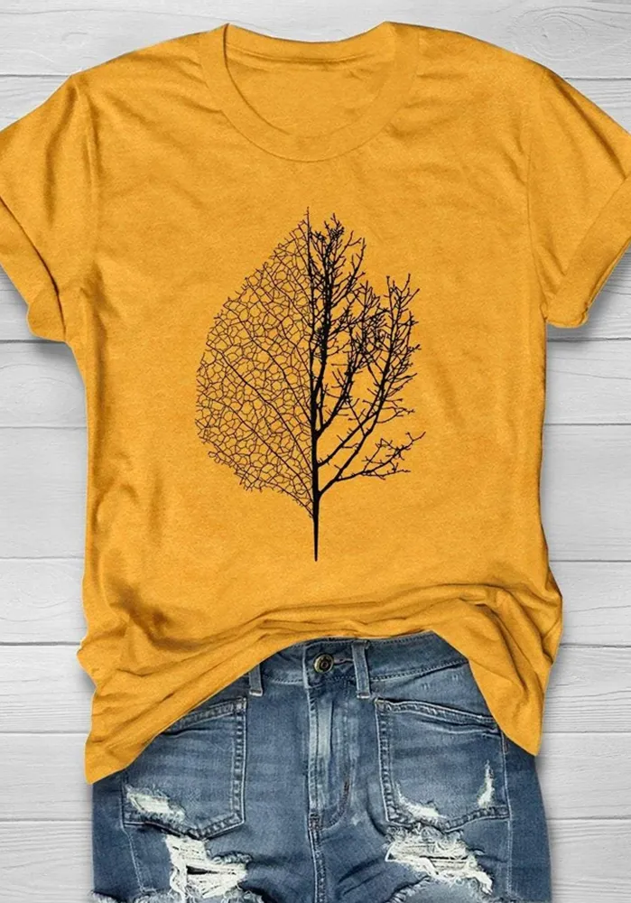 Women's Casual Leaves and Trees Forest Print Short Sleeve T-Shirt