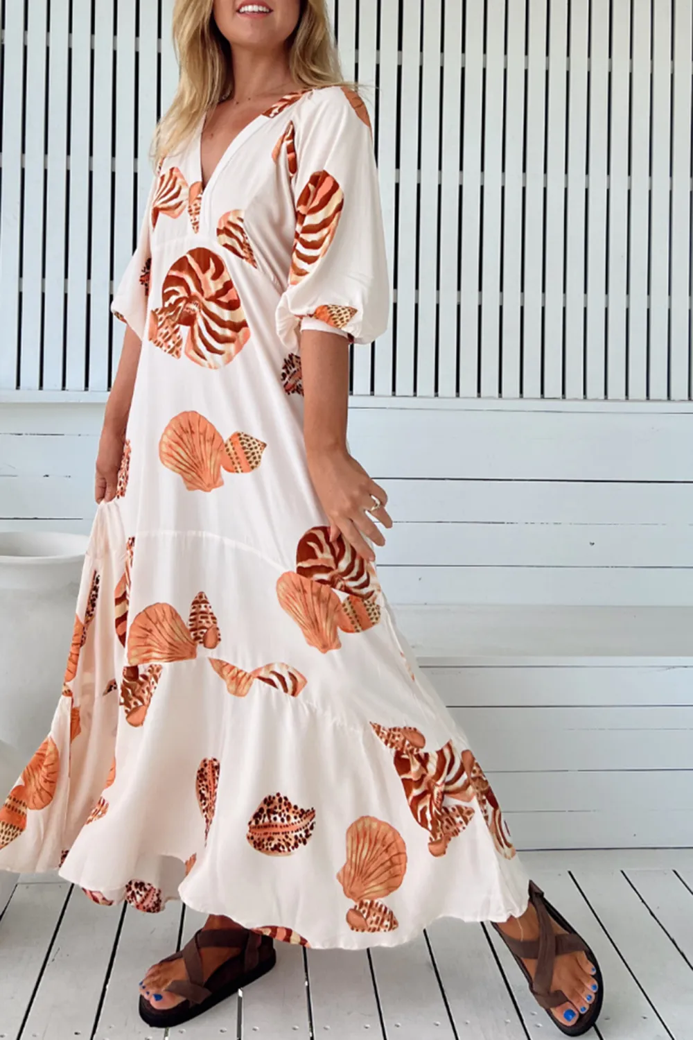White Shell Print Half Sleeve Maxi Dress