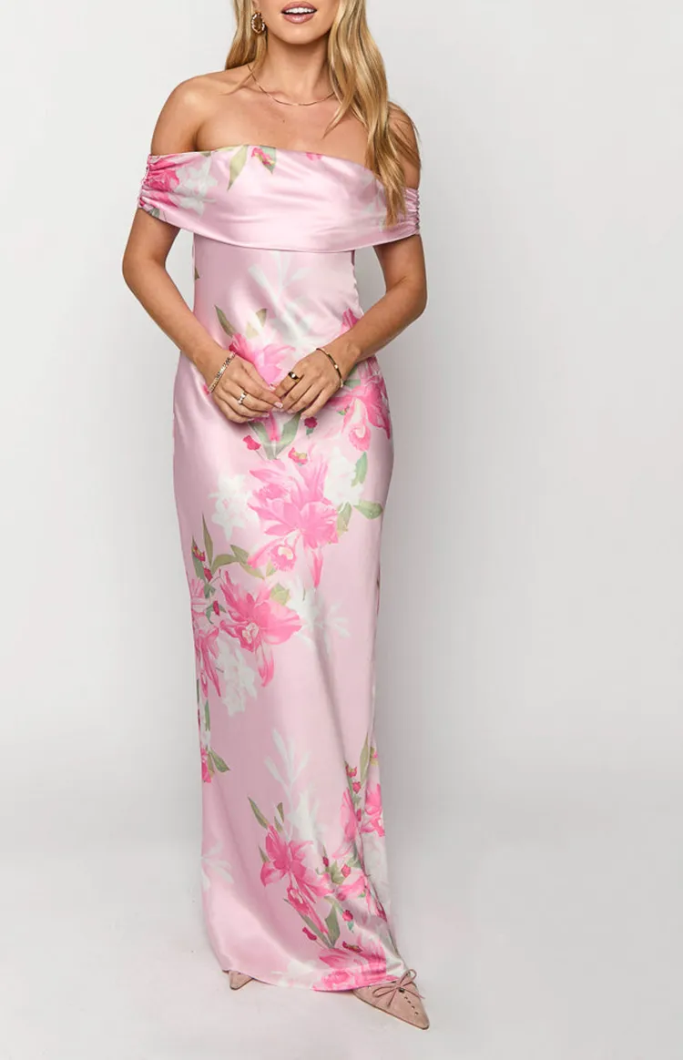 Off Shoulder Pink Floral Maxi Dress