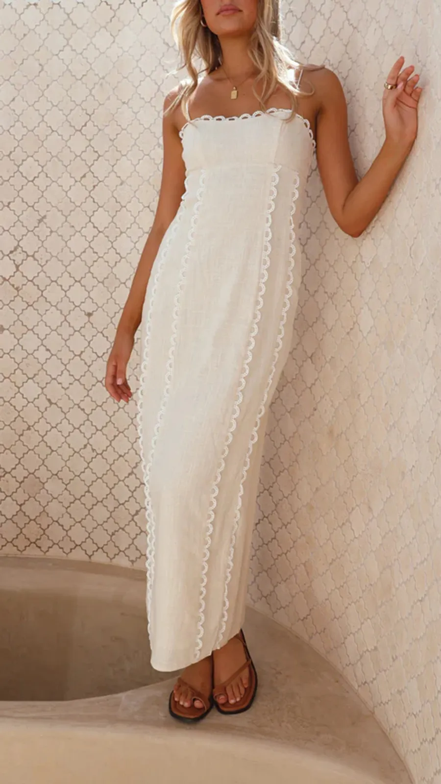 White Cotton And Linen Suspender Midi Dress
