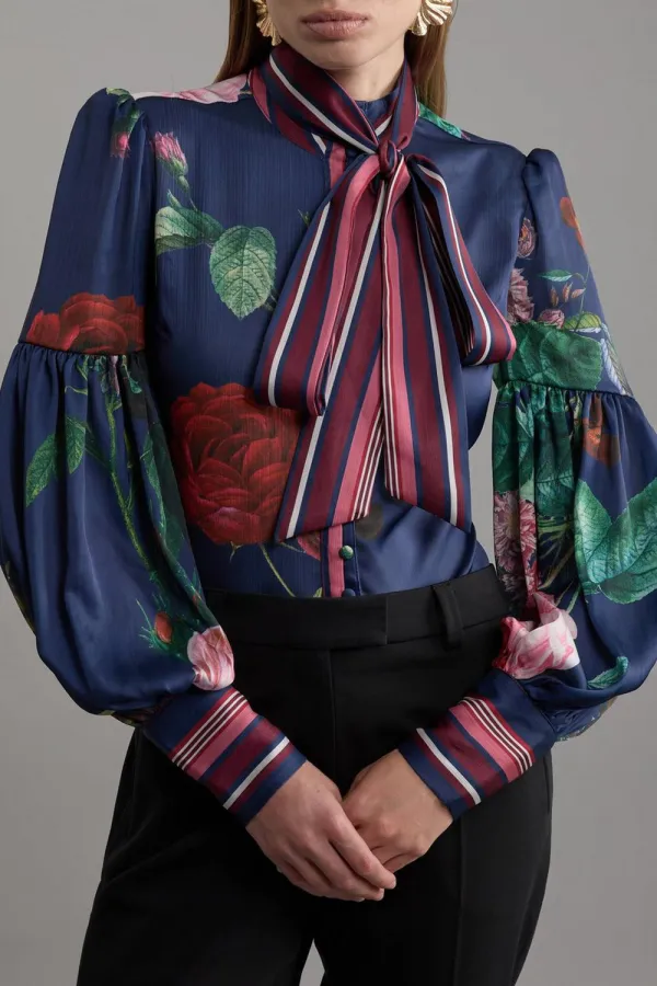 Woven Balloon Sleeve Tie Detail Blouse