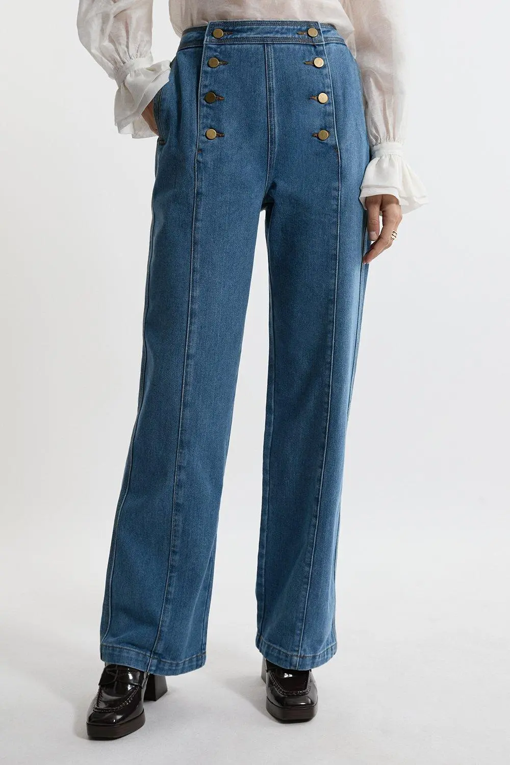 Denim Tailored Button Front Wide Leg Jeans