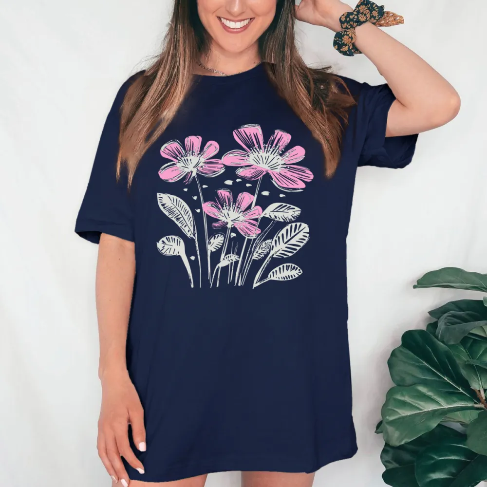 Hand Drawn Pink Simple Floral Pattern Casual T-Shirt