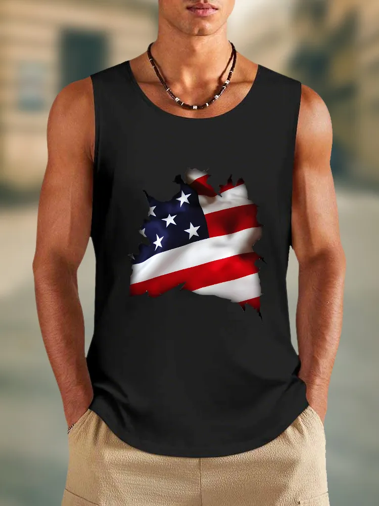 Men'S Damaged Stars And Stripes Print Round-Necked Sleeveless Vest