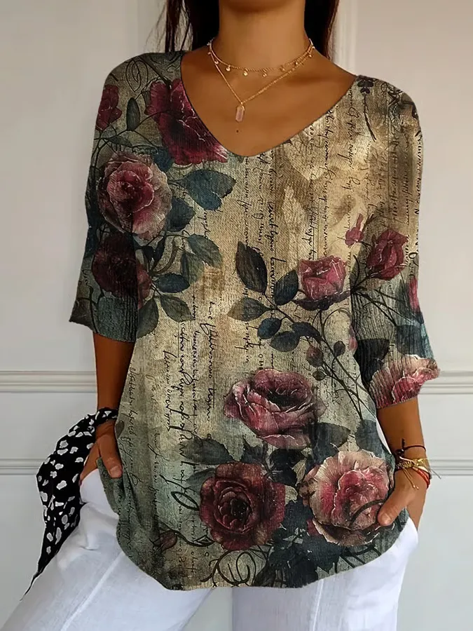 Women'S Retro Flower Print Long-Sleeved V-Neck Shirt