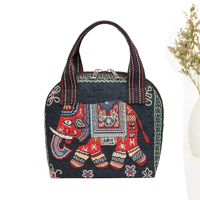 Women's Handbag Polyester Cotton Party Daily Zipper Large Capacity Breathable Durable Folk Blue butterfly Yellow Elephant Black elephant