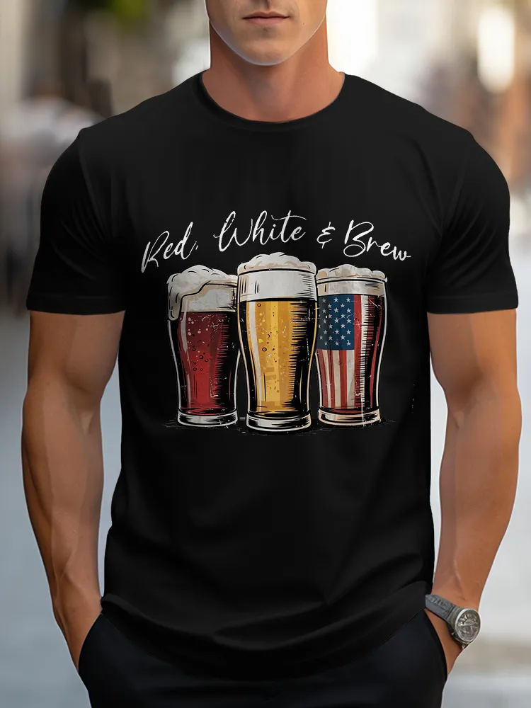 Man'S Red White A Brew Round-Neck Short-Sleeved T-Shirt