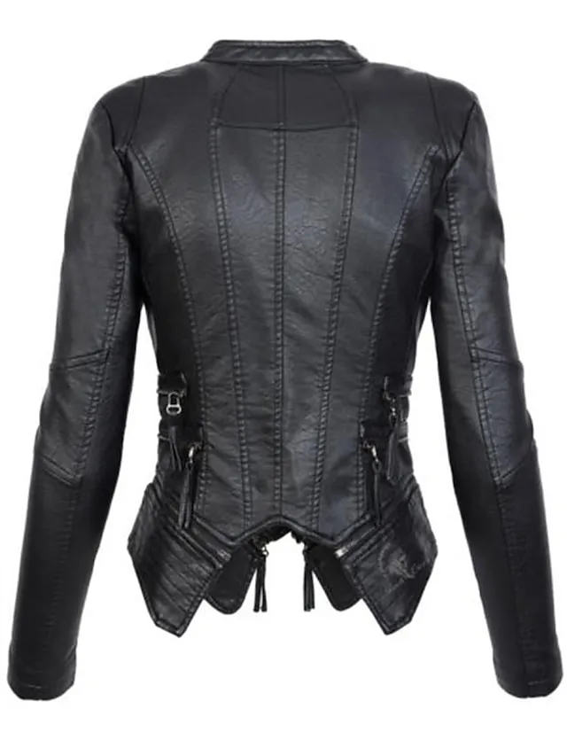 Women's Faux Leather Jacket Waterproof Warm Outdoor Street Daily Going out Zipper Pocket Zipper Turndown Active Fashion Casual Solid Color Regular Fit Outerwear Long Sleeve Fall Winter Black M L XL