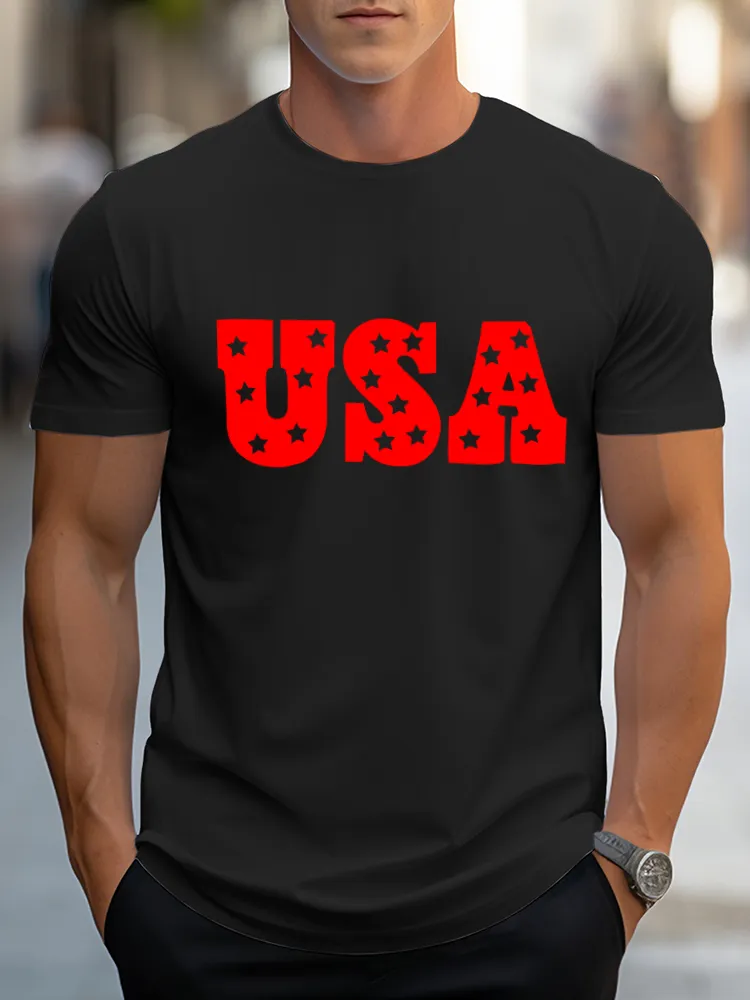 Man'S USA Print Round-Neck Short-Sleeved T-Shirt