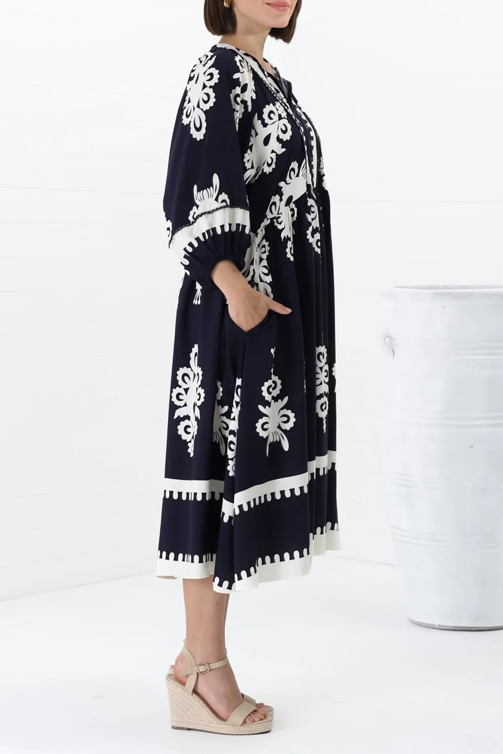 Navy Patterned Half Sleeve Midi Dress