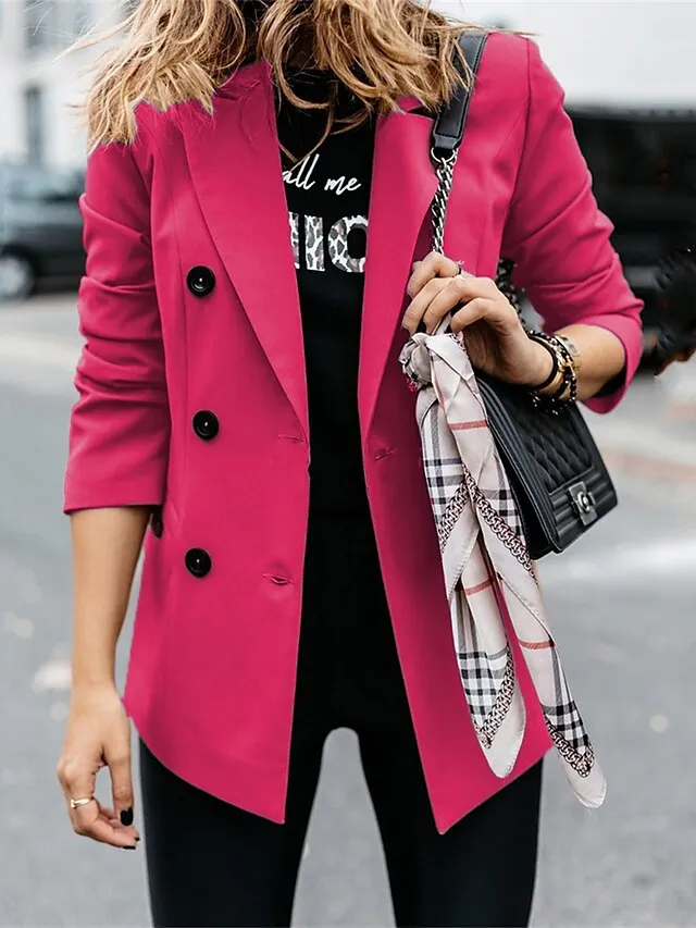 Women's Blazer Outdoor Button Solid Color Warm Fashion Regular Fit Outerwear Long Sleeve Fall Light Blue S
