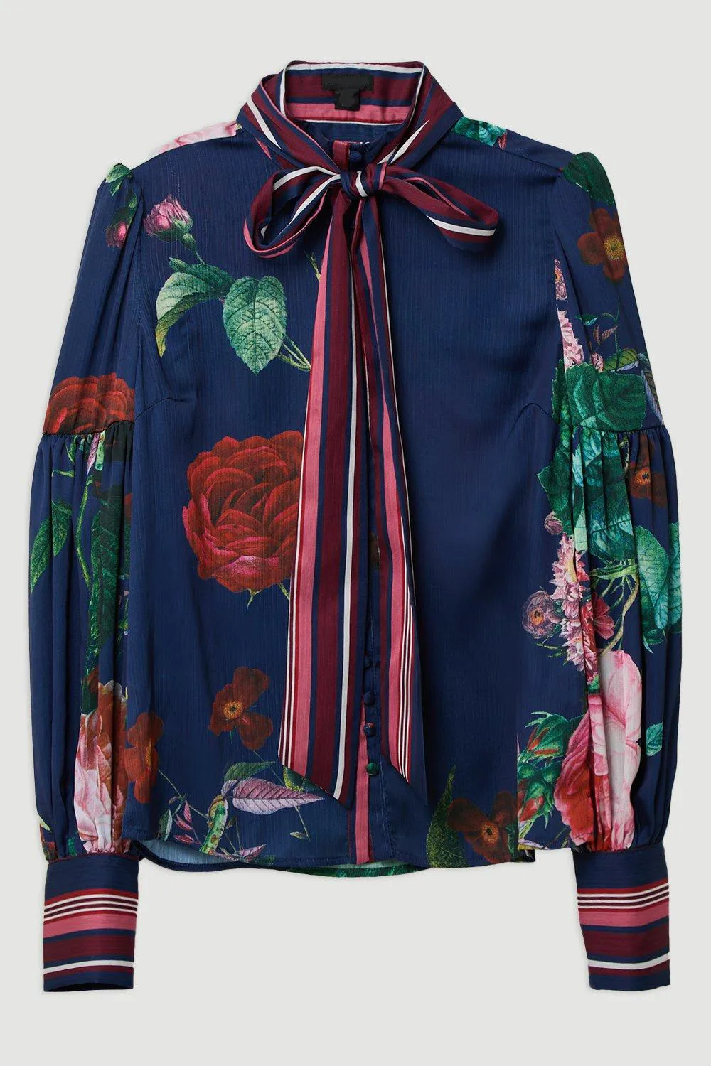 Woven Balloon Sleeve Tie Detail Blouse