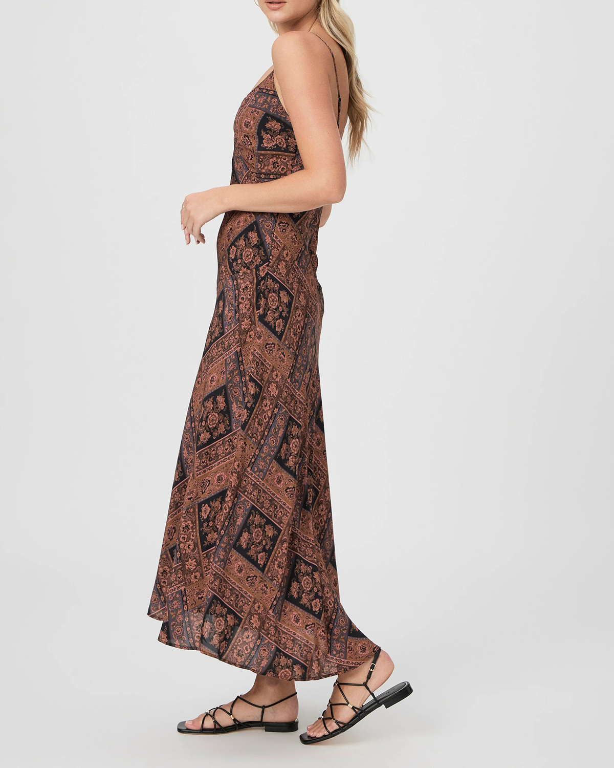 Brown And Black Geometric Print Spaghetti Strap Midi Dress