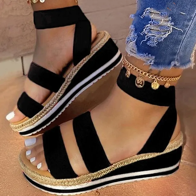 Women's Sandals Wedge Sandals Platform Sandals Plus Size Daily Summer Platform Wedge Heel Ankle Strap Heel Open Toe Casual Elastic Fabric Loafer Solid Colored Black Blue