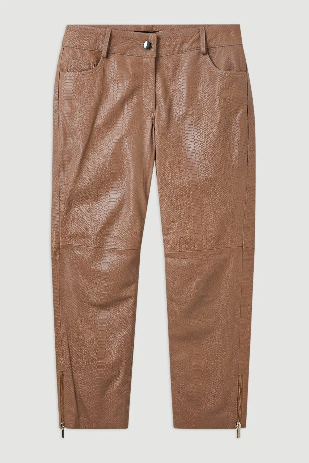 Snake Print Leather Slim Leg Low Rise Trousers