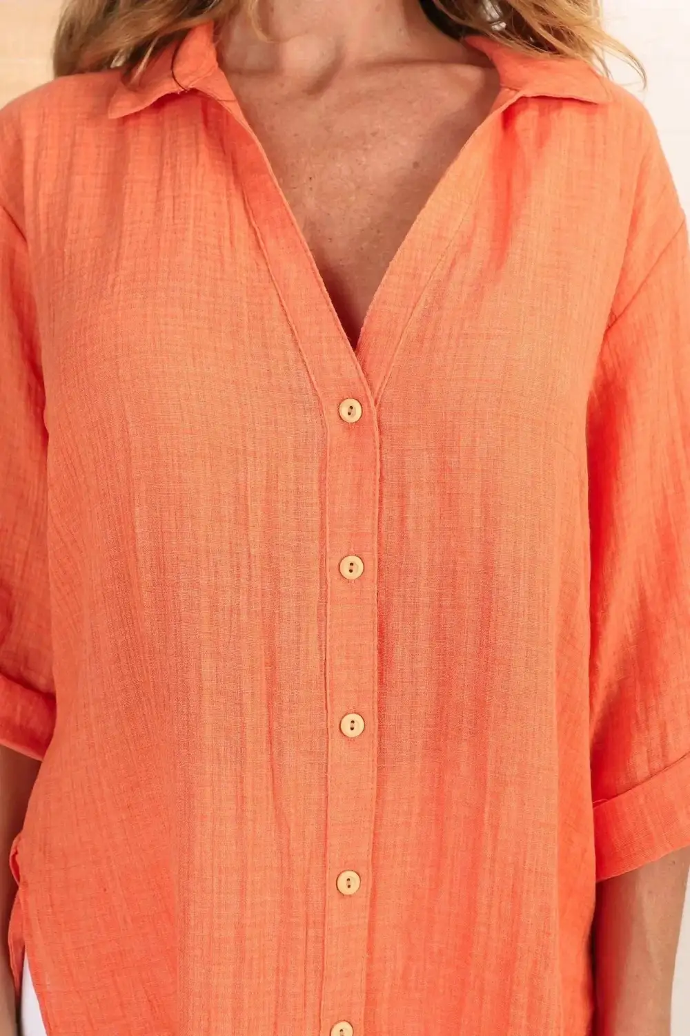 Orange Linen Tie Side Roll Up Shirt