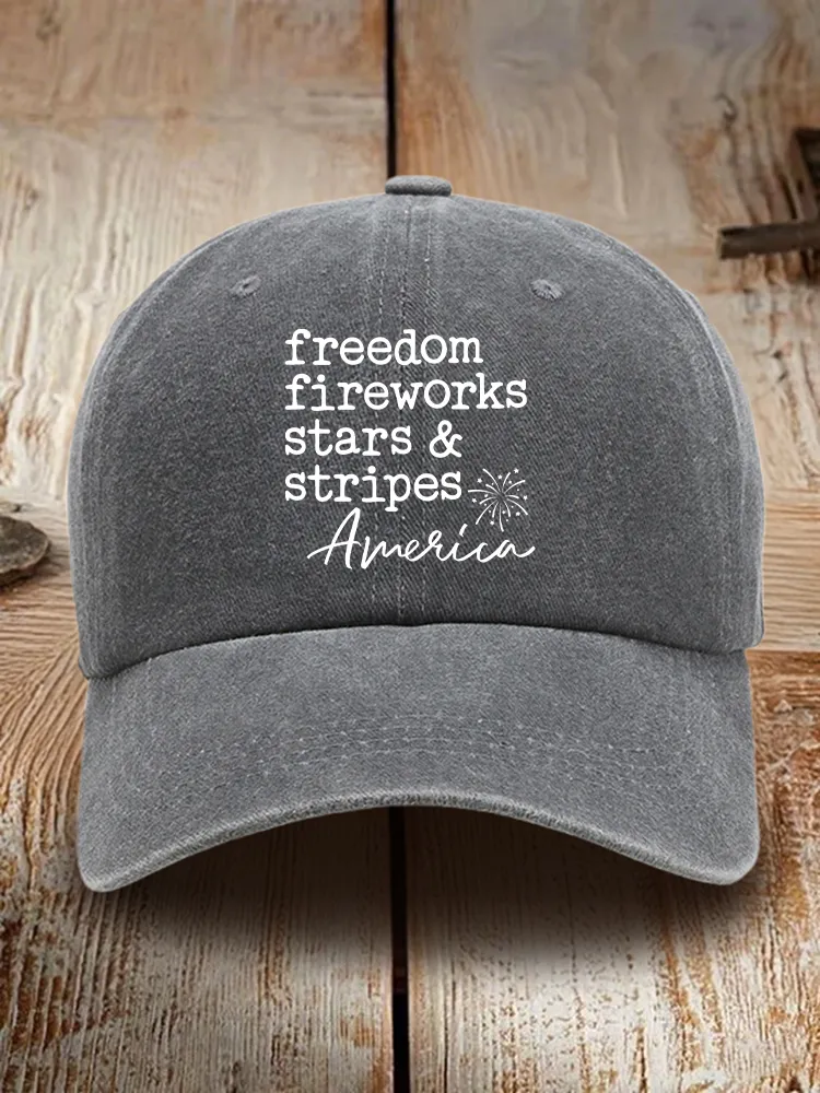 Freedom Fireworks Stars And Stripoes America Print Washed Baseball Cap