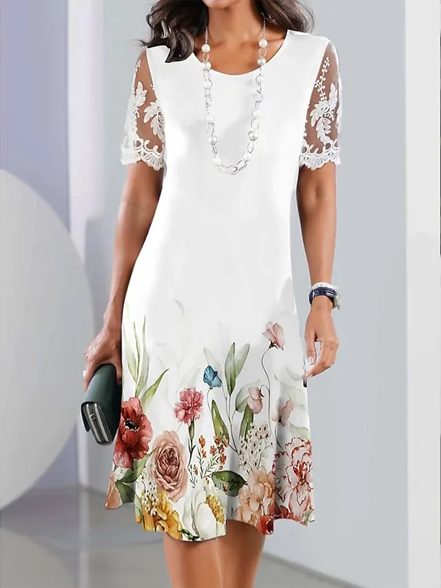 Women's Casual Dress Summer Dress Print Dress Floral Lace Print Crew Neck Lace Sleeve Midi Dress Fashion Elegant Outdoor Daily Short Sleeve Loose Fit White Summer Spring S M L XL XXL