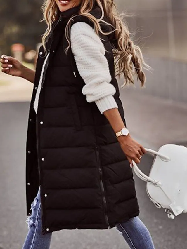 Women's Winter Jacket Long Puffer Vest Fall Maillard Outdoor Street Daily Winter Fall Long Coat Regular Fit Windproof Warm Casual Jacket Sleeveless Solid Color Khaki Red White