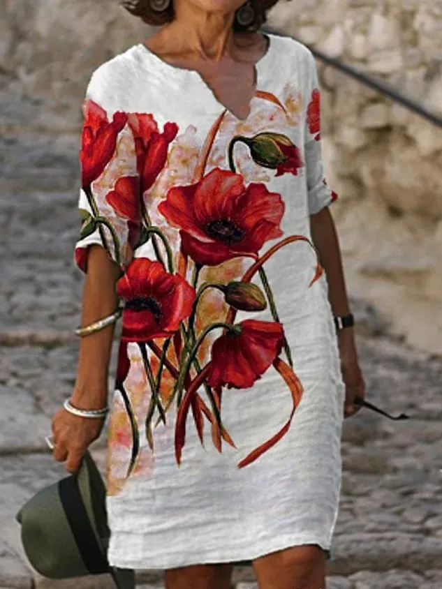 Women Floral Notched Half Sleeve Comfy Casual Printing Midi Dress