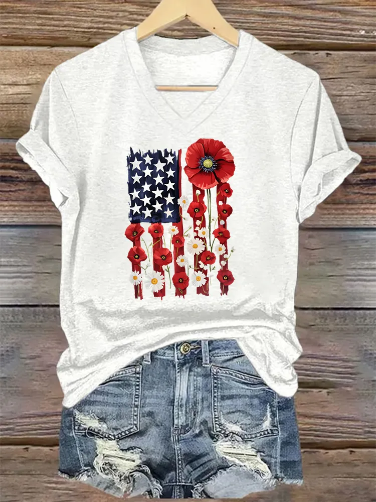 Woman'S Independence Day V-Neck And Short Sleeves T-shirt