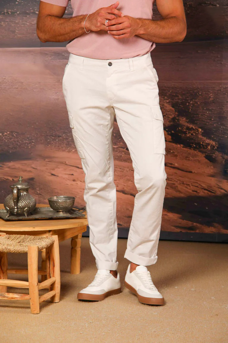 Men's Off-white Stretch Cotton Slim Fit Large Pocket Overalls